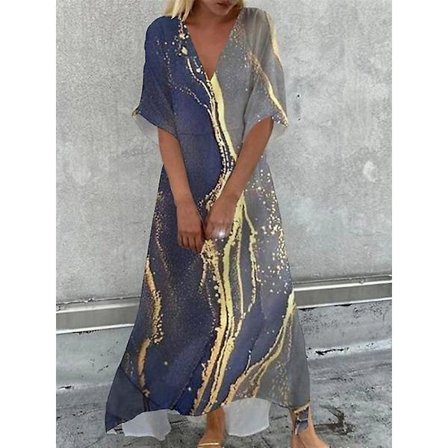 Kvinners Marmorering Blomstertrykk Casual Kjole Swing Kjole Boho Kjole Lang Kjole Maxi Kjole Grønn Blå Gul Halv Ermet-happygo.XL.Blå