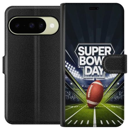 Yhteensopiva Lompakkokotelo Google Pixel 10 Super Bowl Day juliste, jossa amerikkalainen jalkapallo valaistuksella varustetulla areenalla dramaattises
