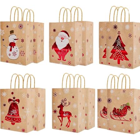 12 kpl Joulu Kraft-lahjapusseja 6 kuviota Joulupaperipusseja Joululahjapusseja kahvoilla, Punainen leimaussuunnittelu Joululahjapussi (Punainen)