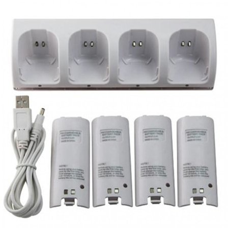 Opladningsstation + 4*2800mah batterier til Wii-fjernbetjening hvid