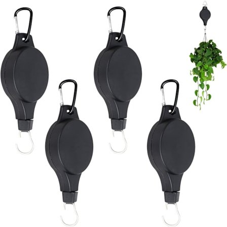 Sett med 4 innfellbare ruller for oppheng av innendørs- og utendørsplanter, blomsterpotter, hagekurver og fuglematere - Svart