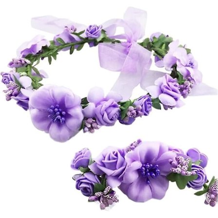 Justerbar brudeblomst pannebånd krans med blomsterarmbånd hårkrans krone dekorasjon (lys lilla)