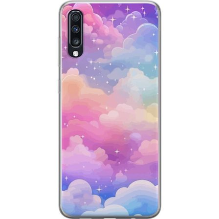 Kompatibelt Mobildeksel til Samsung Galaxy A70 Søt enhjørning med regnbuefarget hår mot en stjernebelagt pastellbakgrunn i kawaii-stil