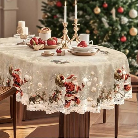 1 Vintage joulupöytäliina - Punaiset ja vihreät juhlapyhäkoristeet - Vintage lumiukko, poro, joulukuusi talvimaisemakuvio