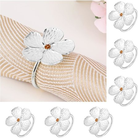 Sett med 6 serviettholderringer, bordsserviettringer i metall, blomsterformet