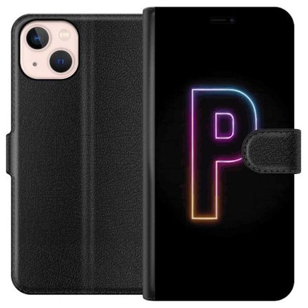 Kompatibel Tegnebogsetui til Apple Apple iPhone 13 Minimalistisk neonbogstav P i farvegradient og lyseffekt mod sort baggrund i digital neonstil