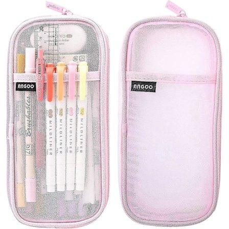 Läpinäkyvä verkkokynäkotelo, verkkokankainen vetoketjullinen penaali, läpinäkyvä penaali koululaisille (pinkki)