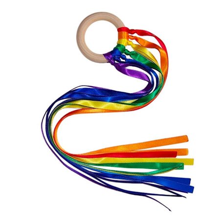 Sanselegetøj med farverige stofstrimler