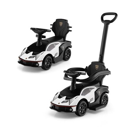 3 i 1 skubbebil til børn 12-36 måneder COSTWAY Lamborghini licens, håndtag & rat & autoværn & horn 86x40x90.5CM Hvid