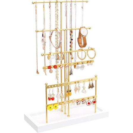 6-vånings smyckesställ med trälådor, smyckeshållare, höjdjusterbar smyckeskrinhållare för halsband, armband, örhängen, guld