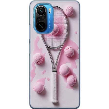 Kompatibel Mobilcover til Xiaomi Xiaomi Poco F3 Rosa glaskugler og tennisketsjer i et kreativt stillbillede med legende popfølelse og moderne design,