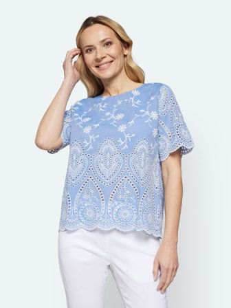 SIGNATURE - Kortærmet Bluse - Lys Blå - Broderie Anglaise