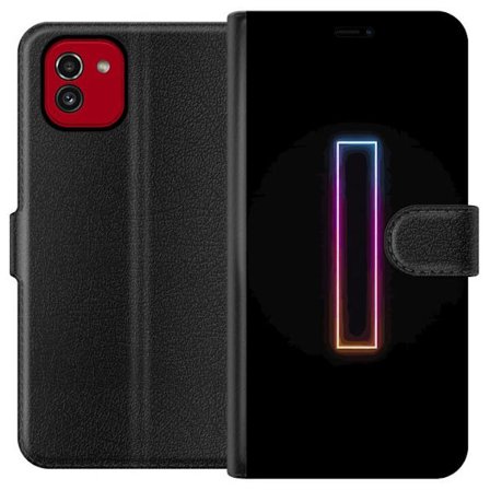 Kompatibel Tegnebogsetui til Samsung Samsung Galaxy A03 Minimalistisk neonbogstav I i regnbuefarver mod mørk baggrund