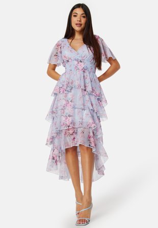 Goddiva Floral Flutter Tiered High Low Dress Blue Klær