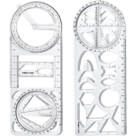 2 stk. multifunksjonelle geometriske linjaler, transparent plast rett linjal roterbar gradskive tegne mal linjal grafisk linjal måleverktøy
