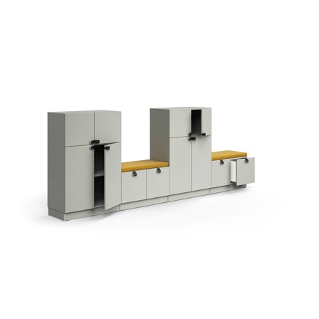 Aufbewahrungseinheit QBUS, 1257x3200x420 mm, hellgrau, gelbes Kissen