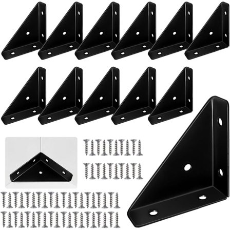 12 stk. Metalliske Trekant Hyllebraketter, Svarte Trekant Hyllebraketter, Metallhjørnebraketter, Trekantbrakett for Møbler, Vinkelbrakett med Skruer