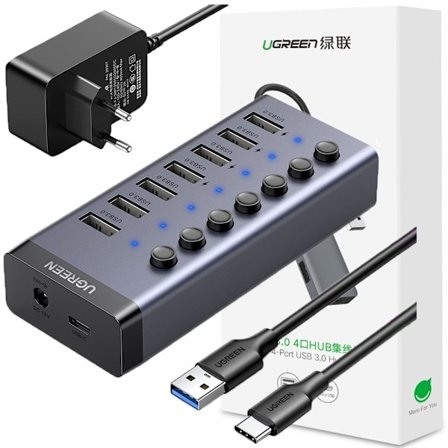 Ugrønn multifunksjonell HUB 7in1 USB Type C - 7x USB Type A 3.0 PD DC 12V grå (CM481)