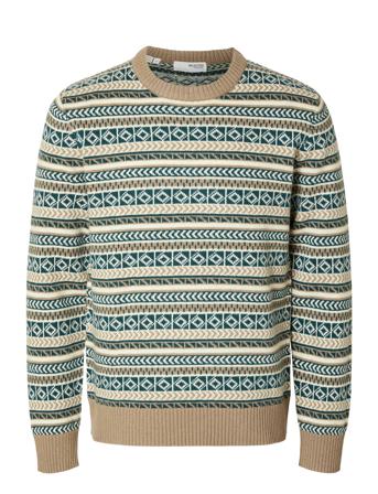 Slhfade Ls Knit Fairisle Crew Neck Beige Selected Homme