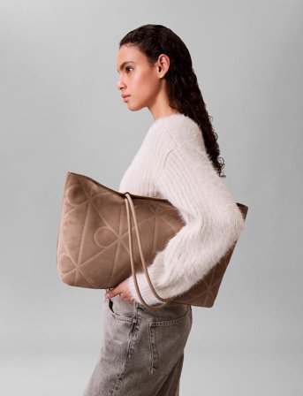 Calvin Klein Emblem Aop Embossed Suede Tote - Beige - ONE SIZE