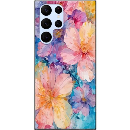 Kompatibelt Mobilskal till Samsung Samsung Galaxy S22 Ultra 5G Akvarellmålning med stora blommor i rosa, blå och gula toner i en mjuk konstnärlig s