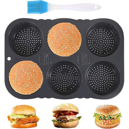 Burgerboller Silikone Bageform Rund 10 cm Diameter, Silikone Bageform med 6 Hulrum, Non-Stick Silikone Brødform til Hamburgerbrød Muffins