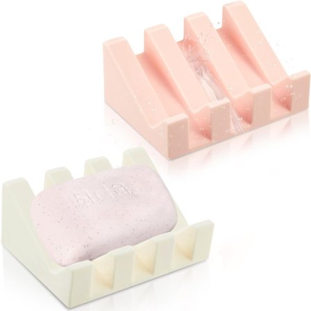 2-pak silikone sæbeskål, 2-pak selvdrænende vandfaldsbakker - Sæbeholder til brusebad og køkken, lyserød og klar hvid nr.