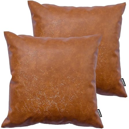 Putetrekk i Kunstlær, 18 x 18 Tommer Sett med 2 Tykke Cognac Brun Moderne Solid Dekorativ