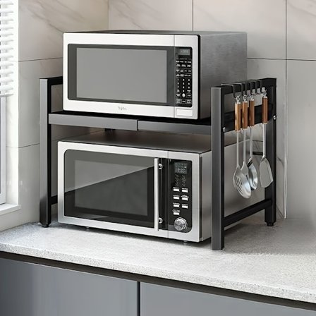 Laajennettava mikroaaltouunin teline, keittiövälineiden ja astioiden säilytysteline, 25 kg kantavuus (musta)