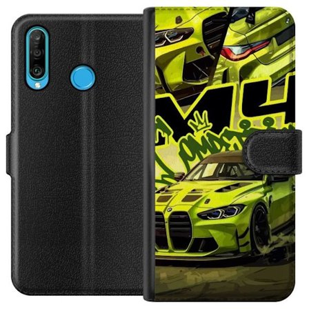 Kompatibel Tegnebogsetui til Huawei P30 lite Bluey-familien i glad tegnestil med blomsterbaggrund og legende farvepalet