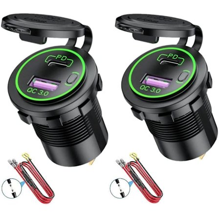 2-pack PD Type-C USB-billadapter och QC 3.0 snabbladdare uttag med på/av-knapp