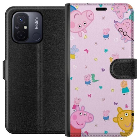 Kompatibelt Lommeboketui til Xiaomi Redmi 12C Peppa Gris med en baby i armene, mamma gris motiv i fargerik og myk barneillustrasjon med hjerter