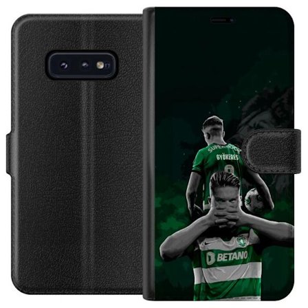 Yhteensopiva Lompakkokotelo Samsung Galaxy S10e Neonmotiivi, jossa teksti "Gaming is in my DNA" sinisenä ja punaisena tiiliseinällä, jossa loistava DN