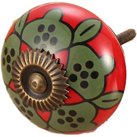 4 stk. Keramiske Knapper (Rød, Grønne Blade) Vintage Skabsknapper Multi