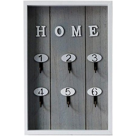 Nøkkelboks i tre til vegg med 6 hengende nøkkelkroker, grå