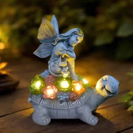 Soldrevne Udendørs Havestatuer med Lys og Sød Fe, Skildpaddestatue til Terrasse, Altan, Havepynt