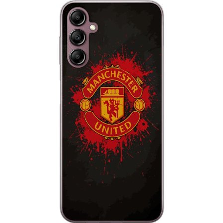 Kompatibelt Mobildeksel til Samsung Samsung Galaxy A14 5G Manchester United logo i rød og gul farge med røff sportslig bakgrunn