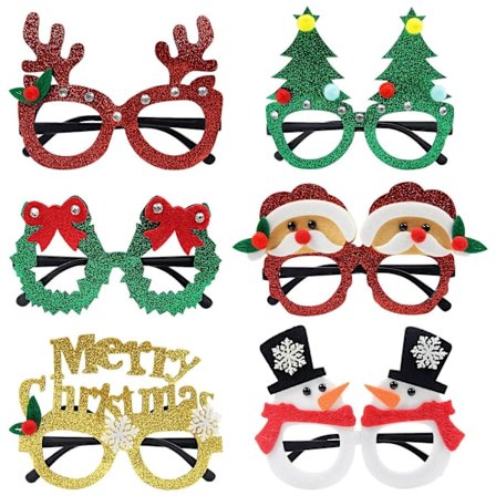 Joulasit, 6 kpl hauskoja joulasitteja, hauskoja joulasittikehyksiä, glitter-jouluiluslasit, uutuus lapsille ja