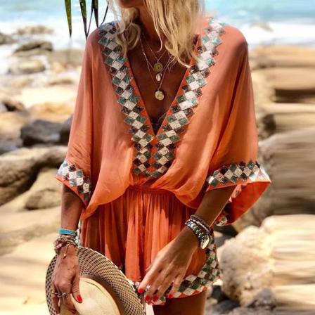 Kvinnor V-hals Romper Half Sleeve Jumpsuit