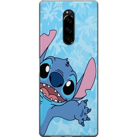 Kompatibelt Mobildeksel til Sony Xperia 1 Leken illustrasjon av Stitch som strekker seg mot kameraet på lyseblå blomstret bakgrunn