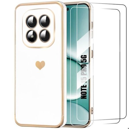 Cover til Xiaomi Redmi Note 15 Pro 5G, Blød Silikone Hjerte Mønster Hvid - 2 Tempererede Glas