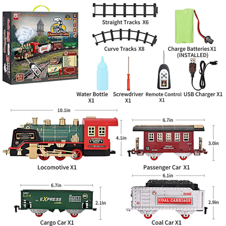 Ny elektrisk fjernstyrt klassisk damptog med lys, musikk og skinnebil - leketøytog for barn