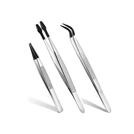 3 stk. pinsett med gummispiss, 15 cm rett flat pinsett & 15 cm bøyd pinsett & 12 cm spiss