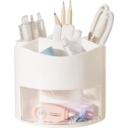 Drejelig penholder 360 grader med skuffe, 5 rum skrivebord fast kosmetisk makeup børsteholder