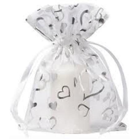 100 St. Organza Påsar C.a 12x10 Cm. Vita Med Silverhjärter