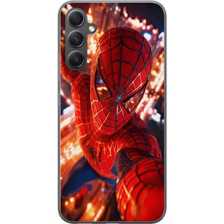 Kompatibelt Mobilskal till Samsung Samsung Galaxy A35 Spider Man i intensiv action med gnistrande ljus och dynamiskt perspektiv i filmisk superhjälte