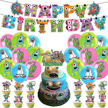 Venalisa My Singing Monsters -teemainen syntymäpäiväkoristeiden setti - Piirroshahmoiset juhlatarvikkeet sisältävät bannerin, ilmapalloja ja kakun 