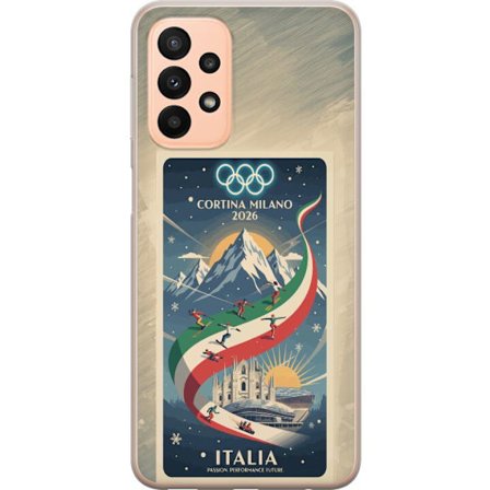 Yhteensopiva Puhelinkuori Samsung Galaxy A23 5G Mäkihyppykuvitus, jossa hiihtäjä tähtää kiväärillä lumisella radalla, teksti Milano Cortina 2026 ja ol