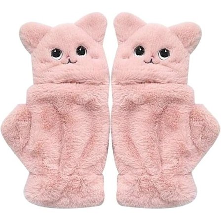 Plushvantar för kvinnor, flickor, halvfingersvantar med roliga kattmotiv