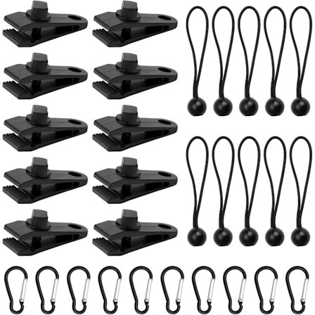 30-delars presenningsklämmor, 10 kraftiga presenningsklämmor med 10 tältgummistroppar och 10 karbinhakar för campingtält C
